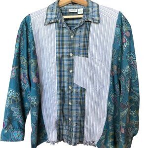Upcycled Mixed Print Button-Down Shirt, Teal Brown Plaid Paisley Top Size Medium